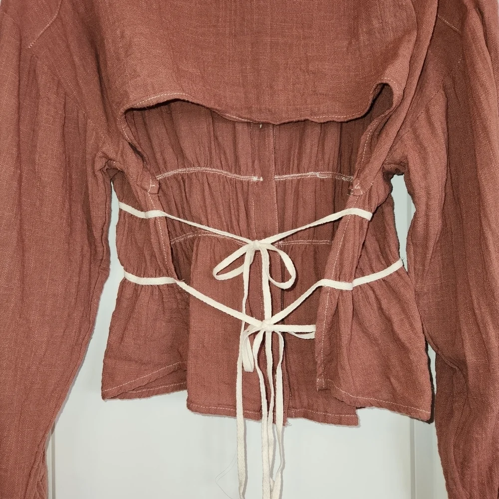 Free People Morrison Shirt Brown Button Down With Tie Cropped Back Size S Cotton